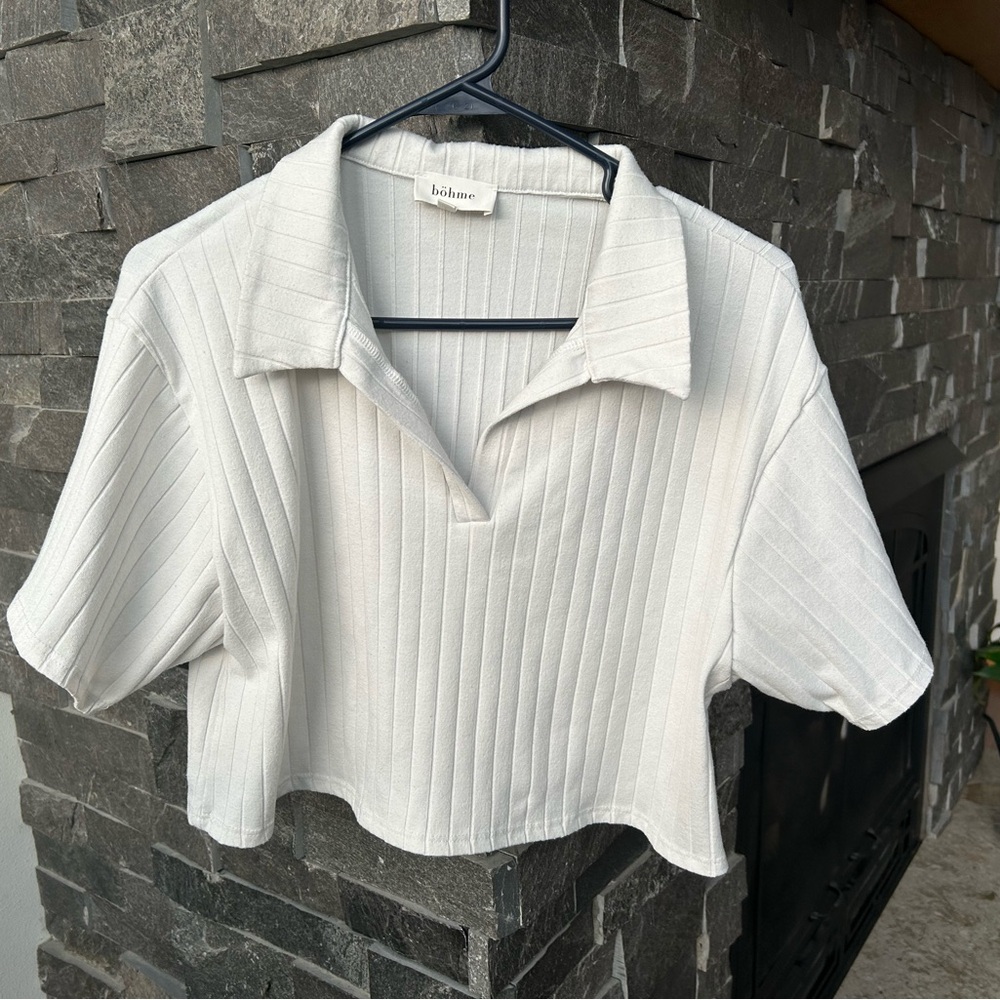 White Ribbed Polo Crop Top